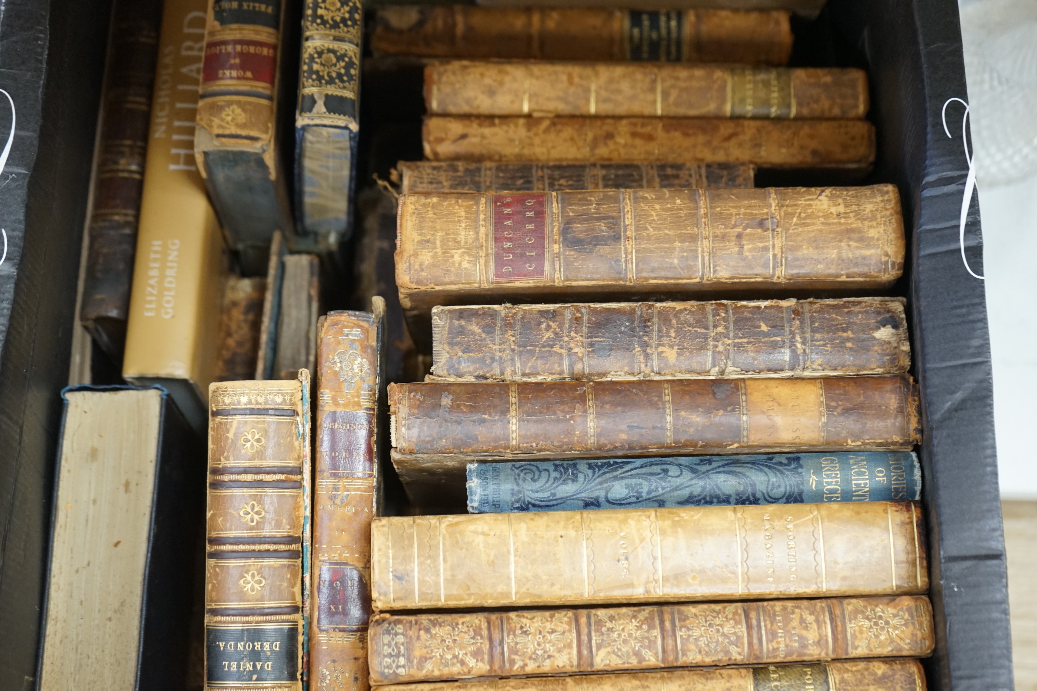 Books Miscellany - cloth and leather bound; older and newer; including: Blome's The History of the Holy Bible. num engraved plates, old leather, folio. 1752; Elizabeth Goldring - Nicholas Hilliard: The life of an artist.